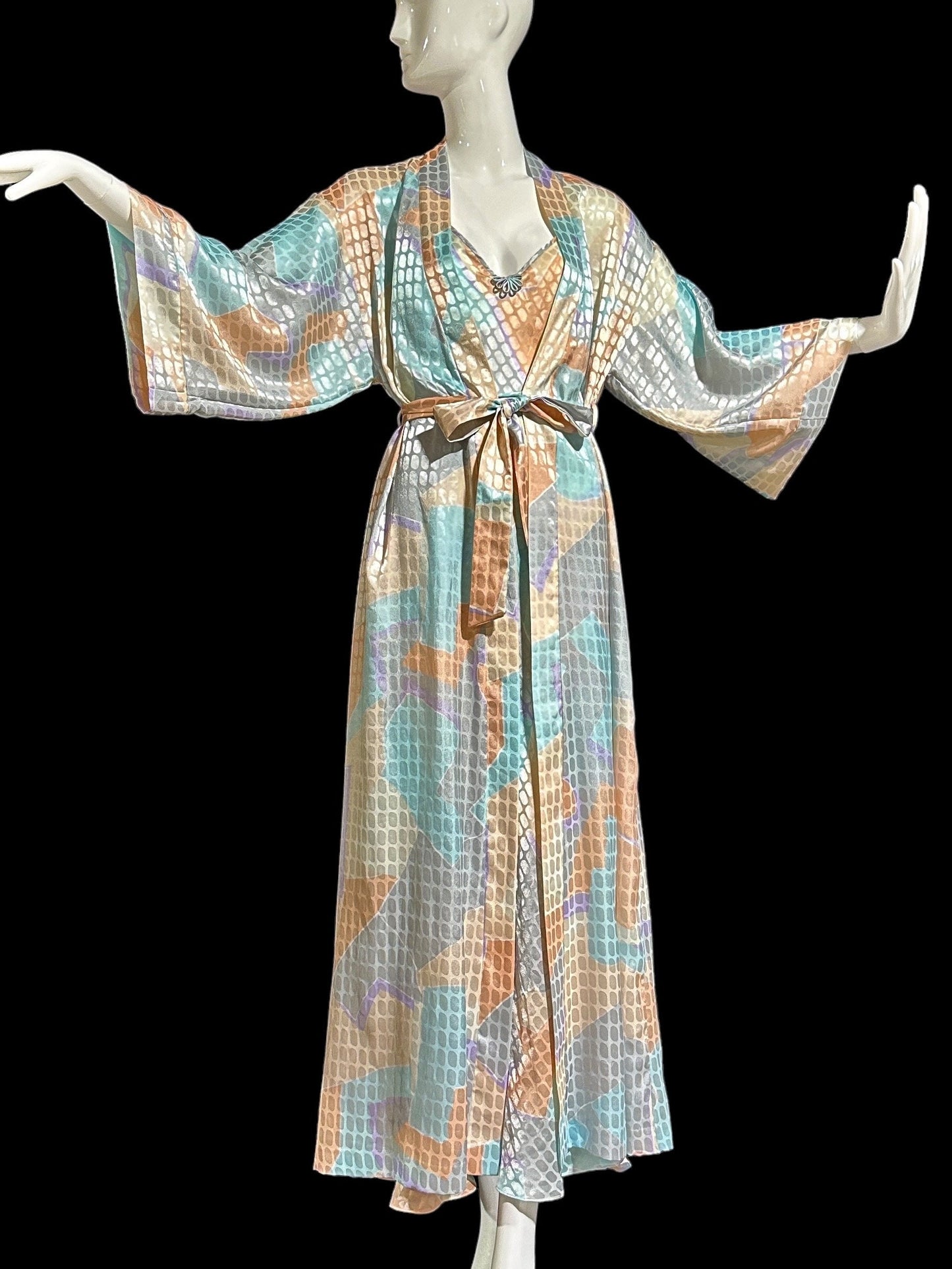 GEORGETTE TRABOLSI vintage 1980s nightgown robe peignoir set, pastel abstract slip dress and dressing robe set