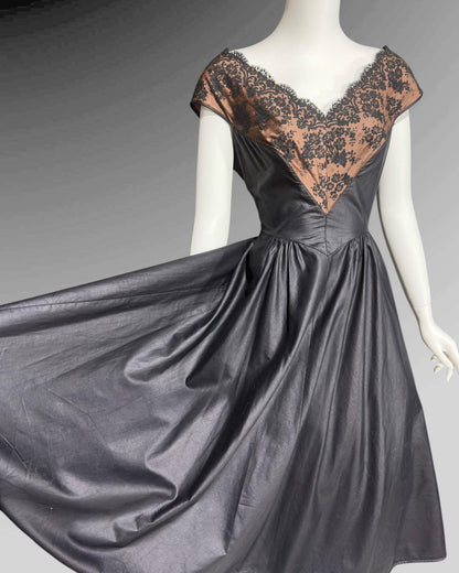 DOROTHY O'HARA, vintage 1950s dress, Black polished cotton and lace fit and flare cocktail party evening dress