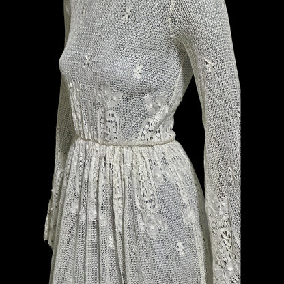 1970s vintage crochet maxi dress, white cotton open knit bridal wedding dress, Victorian style gown