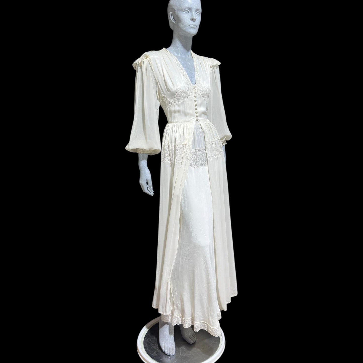 LADY DUFF Vintage 1940s Nightgown Robe Set, Bridal White Peignoir Dressing Gown & Slip Lingerie Dress