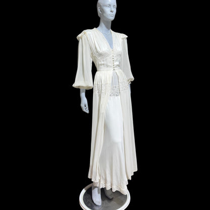 LADY DUFF Vintage 1940s Nightgown Robe Set, Bridal White Peignoir Dressing Gown & Slip Lingerie Dress