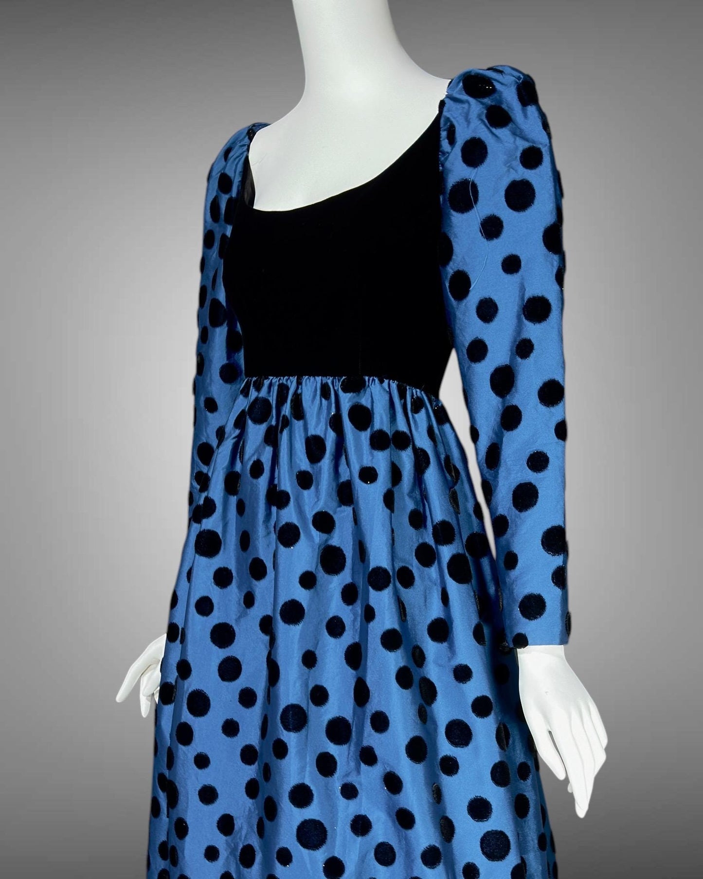 ADELE SIMPSON vintage 1960s evening dress, steel blue taffeta with black velvet flocked polka dots