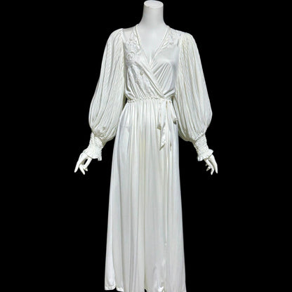 1980s vintage dressing gown robe, Slinky white jersey polyamide wrap front housecoat