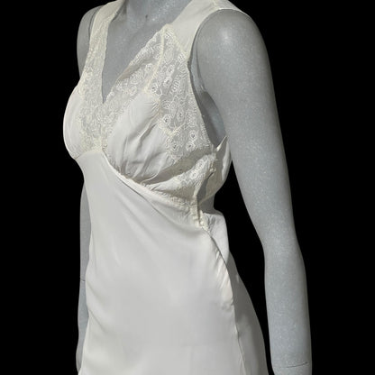 1930s vintage Nightgown slip dress, White rayon and lace bias cut night dress, full length with side snaps