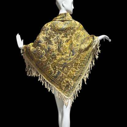 1800s Antique Vintage Silk Tapestry, Victorian Russian fringed jacquard shawl, Tablecloth or Wrap