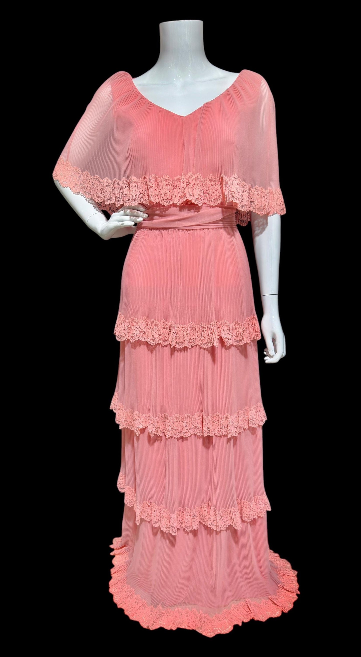 MISS ELLIETTE vintage 1970s pleated chiffon evening gown, Old Rose Pink tiered skirt maxi dress with ruffled collar