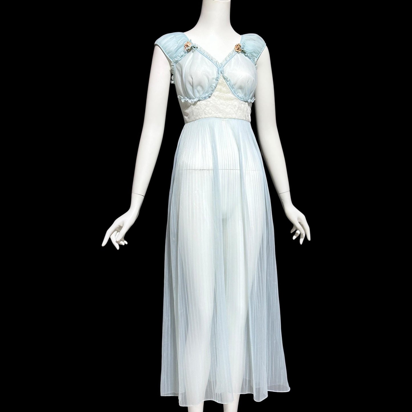 1940s Sheer Nightgown Slip Dress: Totally sheer powder blue micro pleat Old Hollywood Night Dress