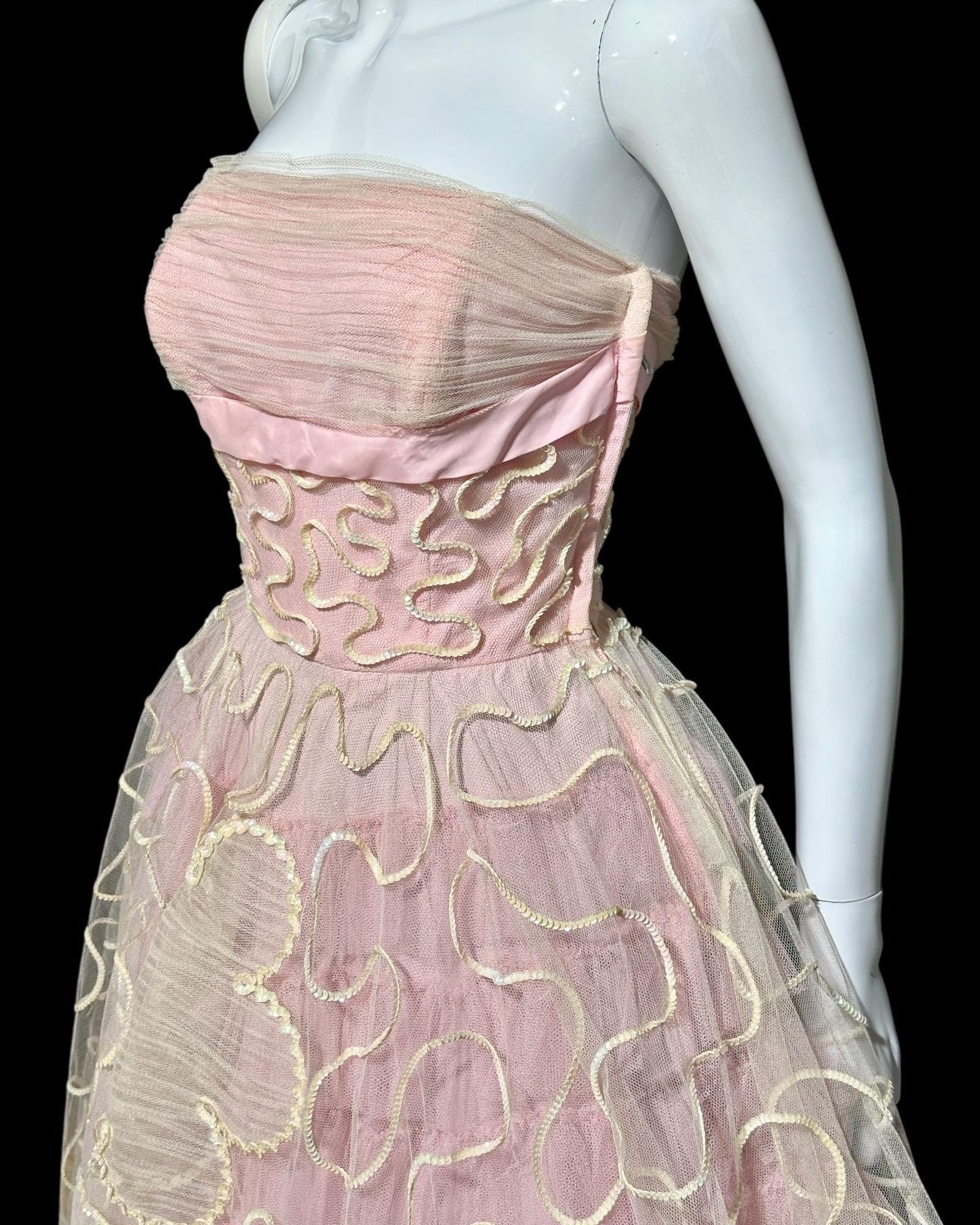 WILL STEINMAN, vintage 1950s Pink tulle and sequins prom dress, cupcake meringue tea length gown