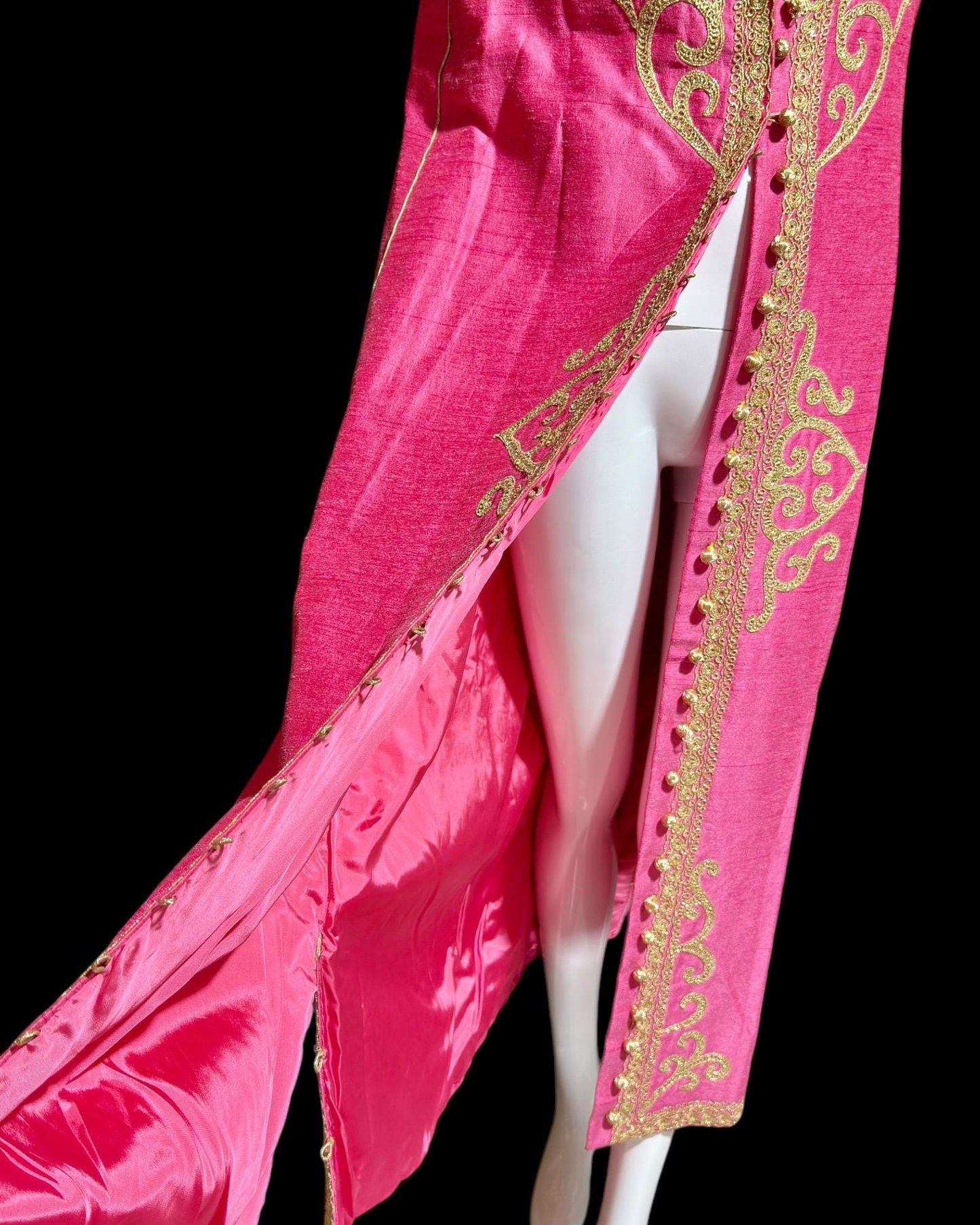 MOURJANA vintage 1960s raw silk Moroccan caftan dress, Hand Made Hot Pink and gold metallic embroidered Kaftan