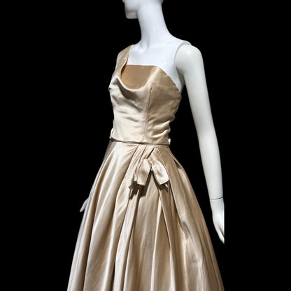 NAN DUSKIN vintage Evening Dress Ball Gown: 1940s Almond Taupe All Silk one shoulder gown