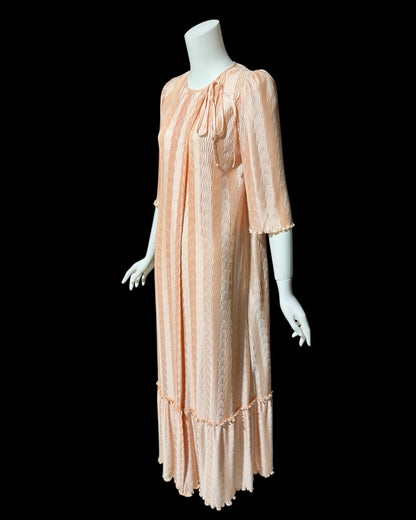 MARY McFADDEN for I. Magnin, 1980s vintage dressing gown, peachy pink wrap open front pleated robe