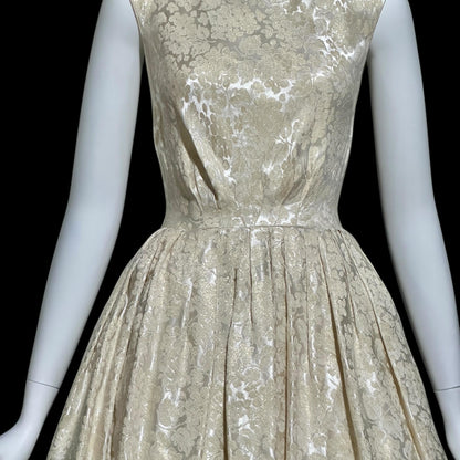ADORE by Doreen, vintage 1950s dress, shimmering damask cocktail party dress, fit flare pleated dress