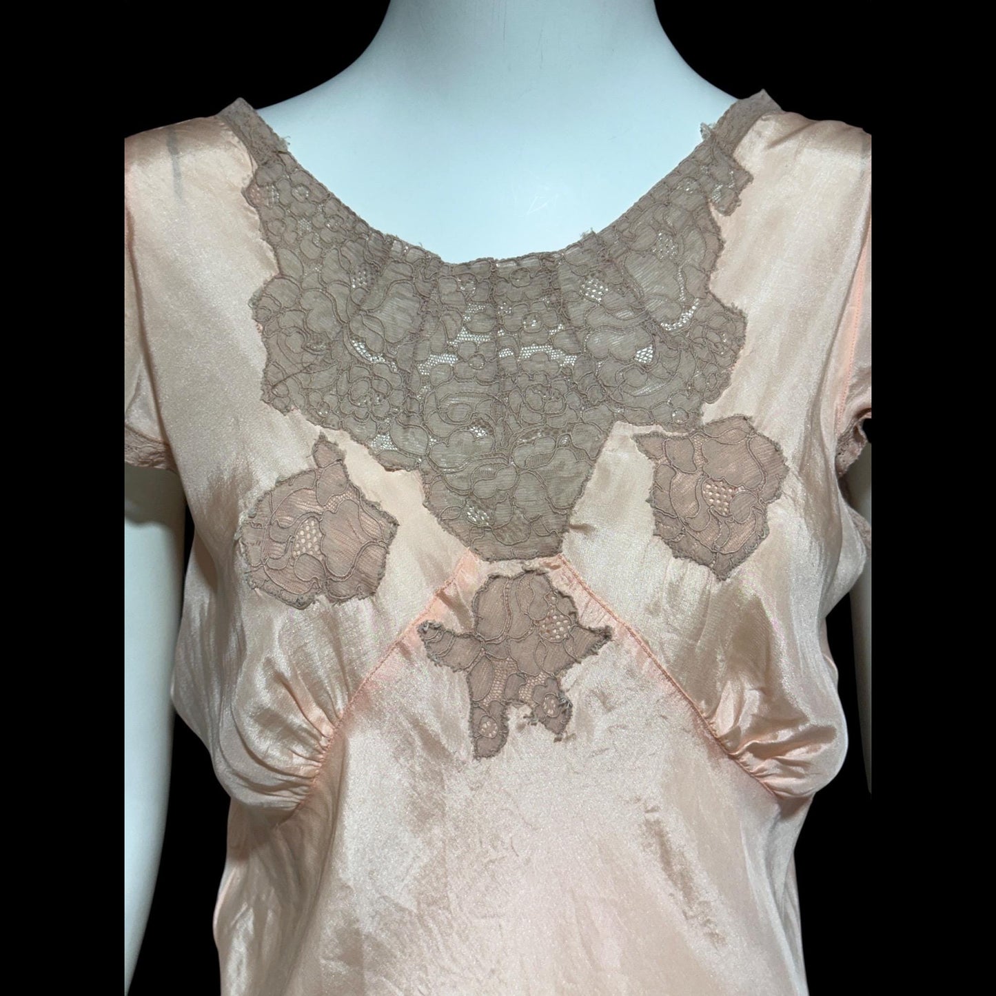 1930s Rayon Slip Dress: Vintage Bias Cut Shiny Peachy Pink Nightgown, Lace Trim