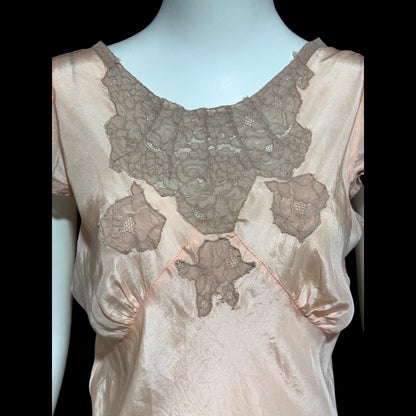 1930s Rayon Slip Dress: Vintage Bias Cut Shiny Peachy Pink Nightgown, Lace Trim