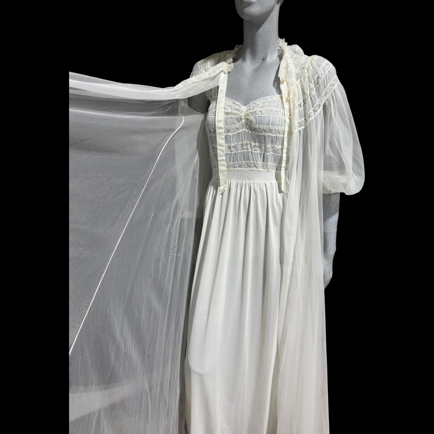 RADCLIFFE vintage 1940s nightgown robe set, bridal white chiffon wedding peignoir slip dress set