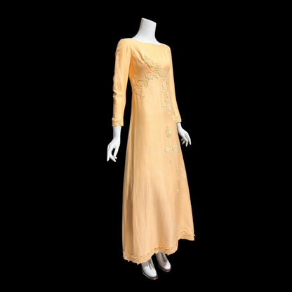 1960s Vintage evening bridesmaid dress, PEACH raw silk Mod gown, Long sleeves empire waist with flower appliques'