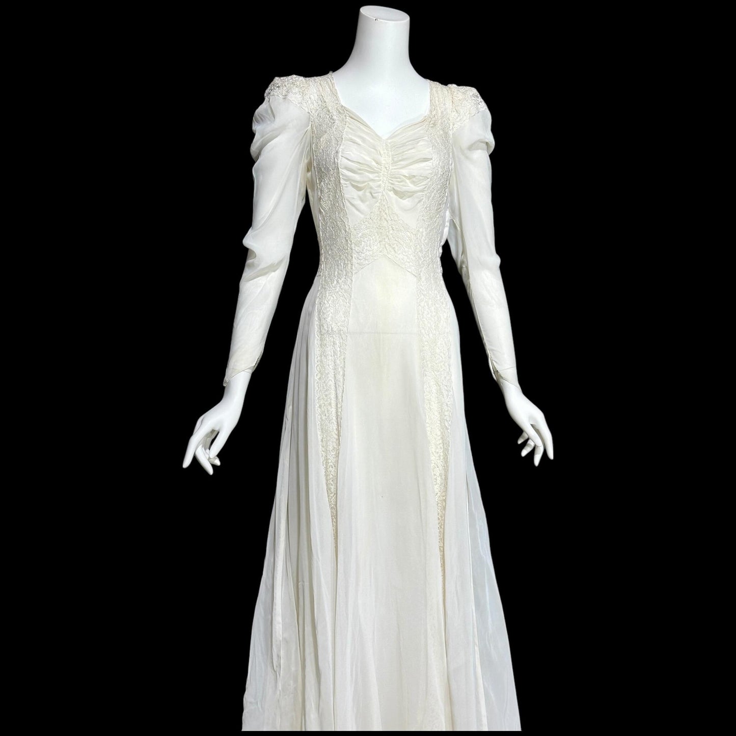 1940s vintage wedding dress, White sheer long sleeve sheath slip gown with train and slip