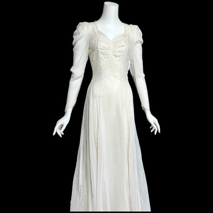 1940s vintage wedding dress, White sheer long sleeve sheath slip gown with train and slip