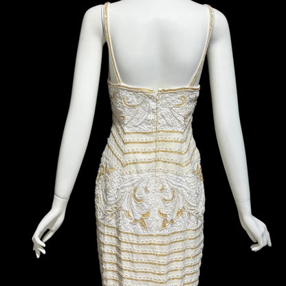 EVA HAYNAL FORSYTH, Vintage 1990s evening wedding dress, off white beaded sequins mermaid sheath slip dress gown