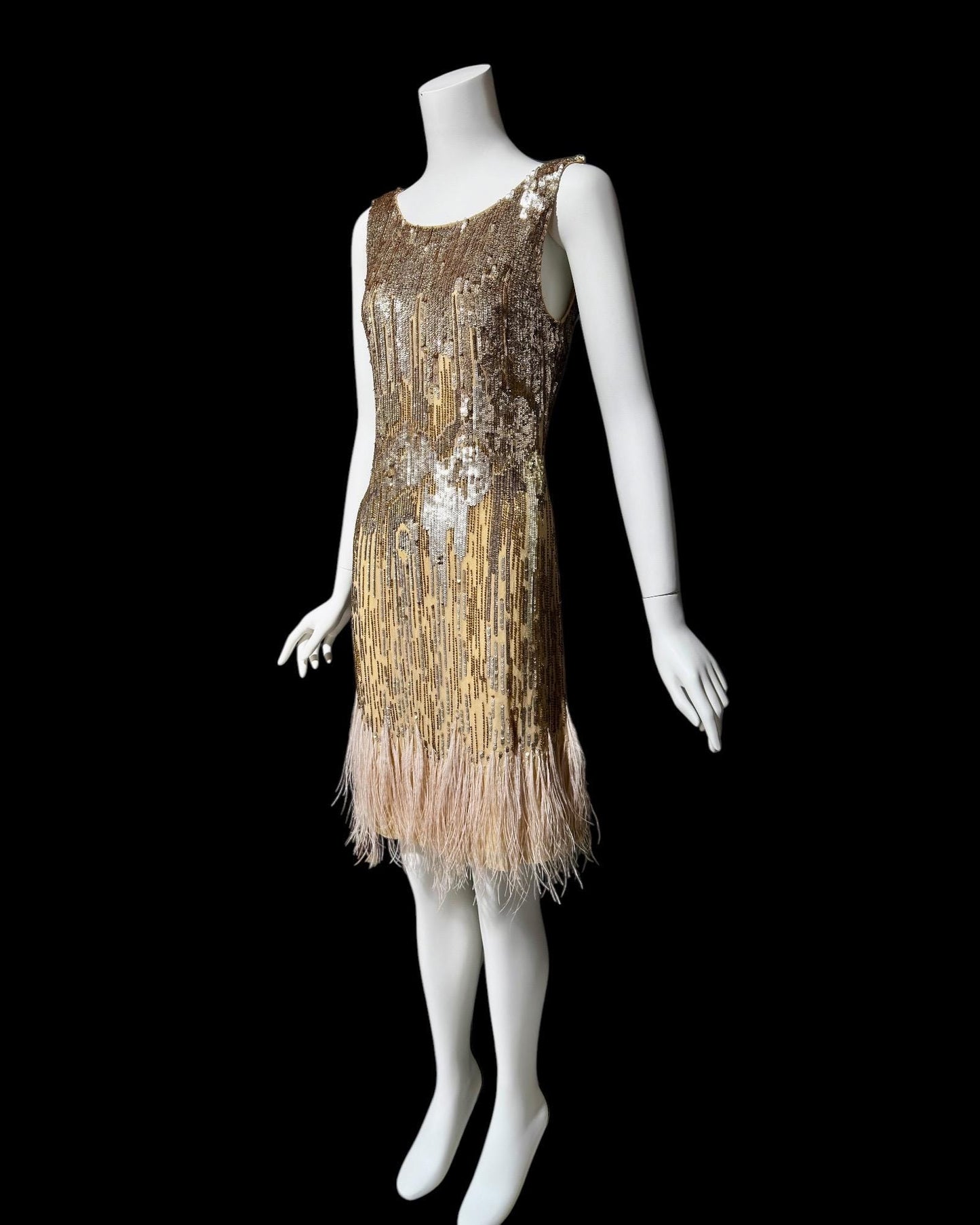 Y2K Gold sequins & pink feathers flapper style party cocktail dress, Custom Made Slip Tank Dress