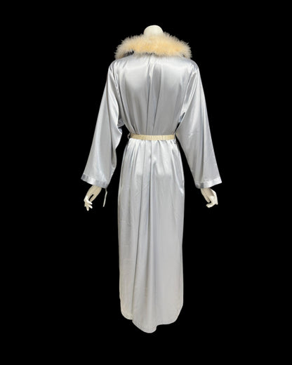 NATORI vintage 1980s dressing gown robe, shiny silver grey marabou feather trim peignoir housecoat