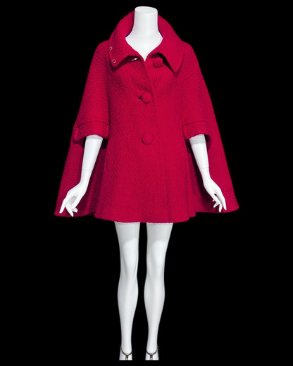 FRANKLIN SIMON, 1960s Mod red swing cape jacket, nubby wool button front car coat