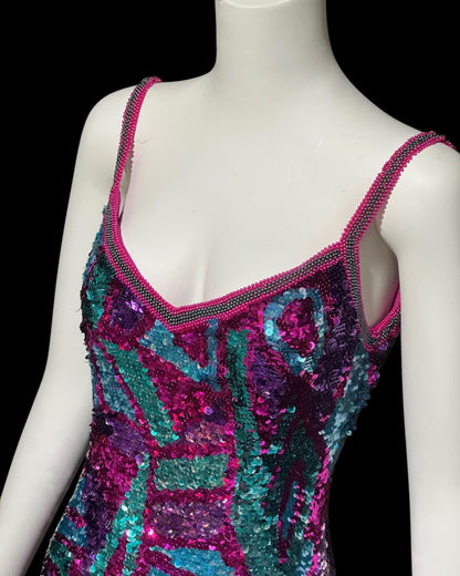 ALYCE vintage 1990s slip dress, sequin cocktail mini dress, Hot Pink jewel tone sequin