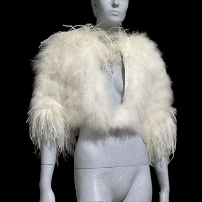 1980s Vintage marabou feather jacket, Snowy white marabou with ostrich feathers cropped wedding evening jacket
