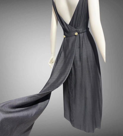 FRANK JELLEFF, vintage 1960s evening dress gown, black formal dress, Deep dive backless