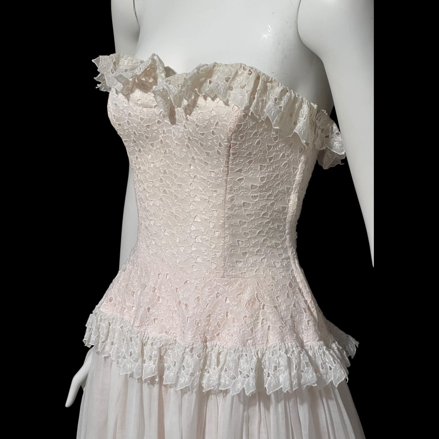 1940s vintage dress gown, soft petal pink and white cotton eyelet, with white organdy evening wedding gown