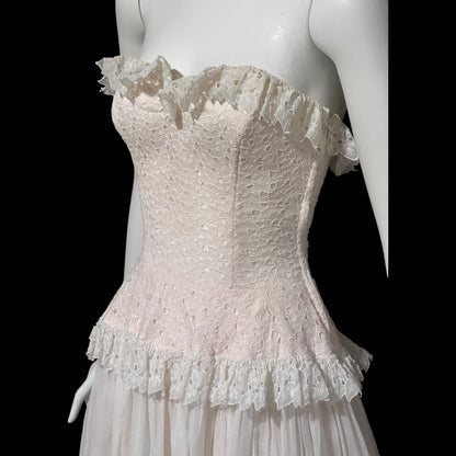 1940s vintage dress gown, soft petal pink and white cotton eyelet, with white organdy evening wedding gown