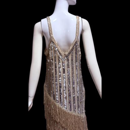 FRANK USHER vintage 1980s evening dress, Silver sequin and fringe cocktail flapper slip dress