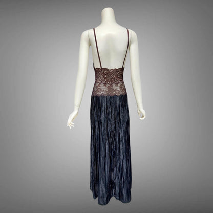 FERNANDO SANCHEZ, vintage 1970s Nightgown, Black and Chocolate lace plisse gown