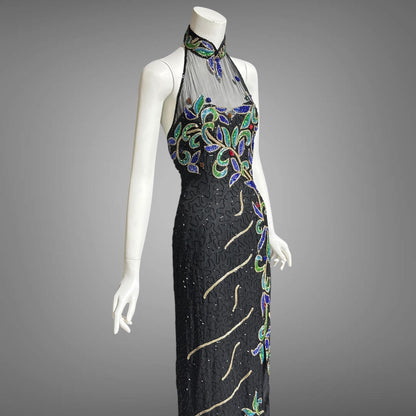J REYNOLDS DESIGNS, vintage 1990s evening dress, Deadstock Black Beaded Halter Party slip dress