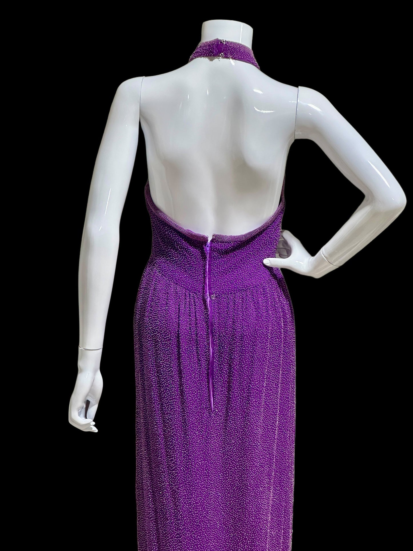 JEET vintage evening gown, Purple Beaded Silk Sheath gown, Halter slip dress