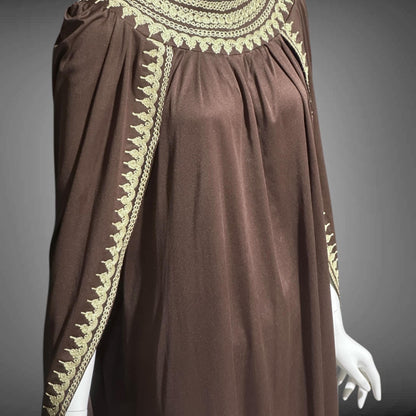 1970s vintage caftan dress, brown and gold metallic kaftan with attached cape