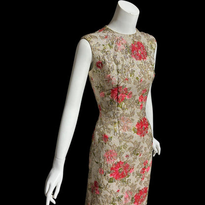SANDRA SAGE, Vintage 1960s cocktail wiggle dress, red flowers and gold metallic mod dress