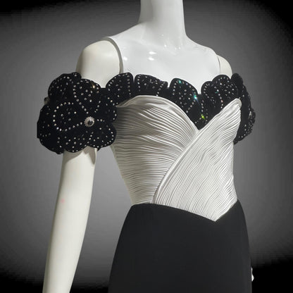 1980s Vintage evening dress gown,  Black Velvet White Plisse and Rhinestones off shoulder gown