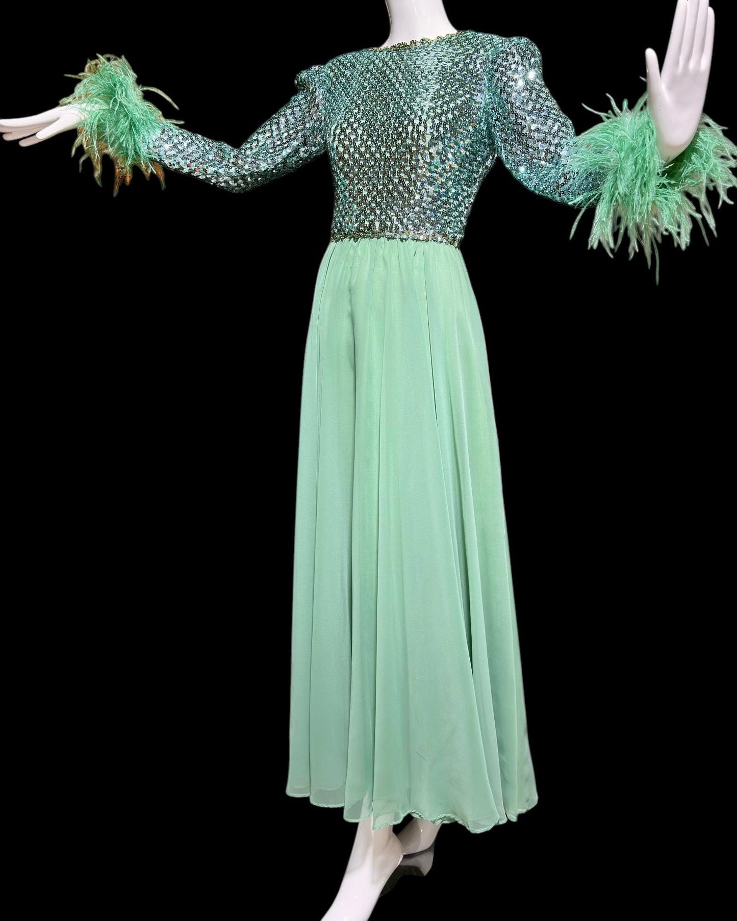 Custom Made, vintage 1970s evening dress gown, sea green chiffon and sequin ball gown with Ostrich Feathers