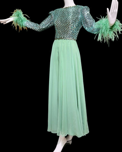 Custom Made, vintage 1970s evening dress gown, sea green chiffon and sequin ball gown with Ostrich Feathers
