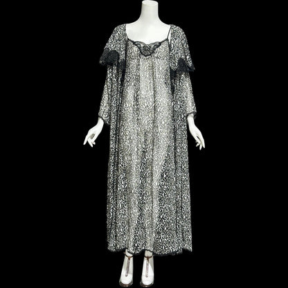 LUCIE ANN vintage 1970s nightgown robe peignoir set, black and white sheer animal print negligee slip dress set