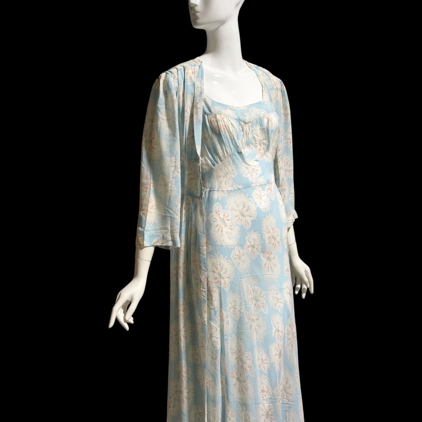 RADCLIFFE vintage nightgown robe set, 1940s FLORAL blue bias cut lingerie slip dress peignoir
