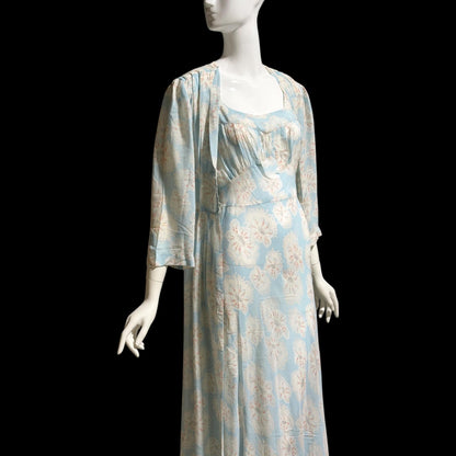 RADCLIFFE vintage nightgown robe set, 1940s FLORAL blue bias cut lingerie slip dress peignoir