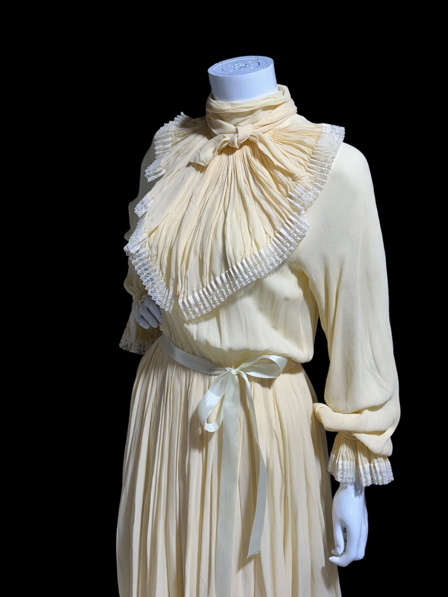 BILL BLASS, vintage 1970s silk secretary dress, yellow buttercream high neck Blouson dinner cocktail dress