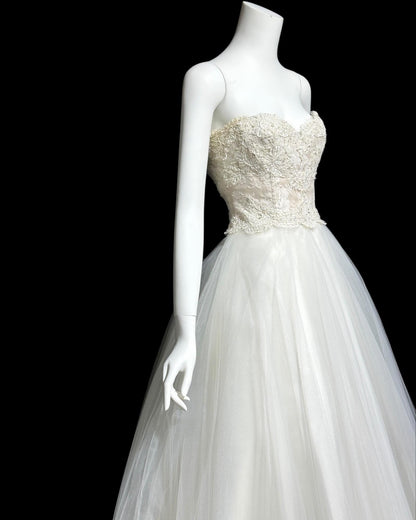 Y2k vintage wedding dress, beaded and tulle, 1950s style cupcake bridal ball gown