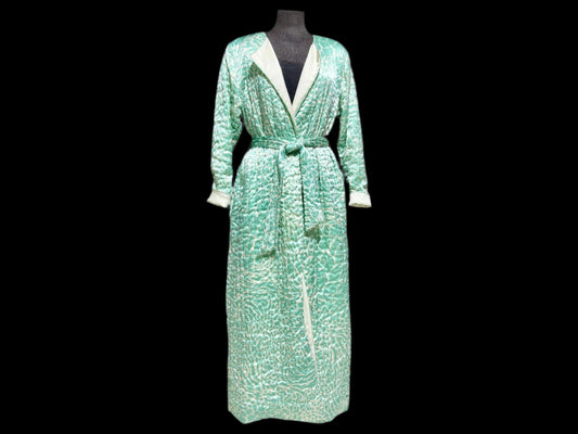 MARY MCFADDEN 1980s vintage robe housecoat, celadon green wrap front quilted dressing gown