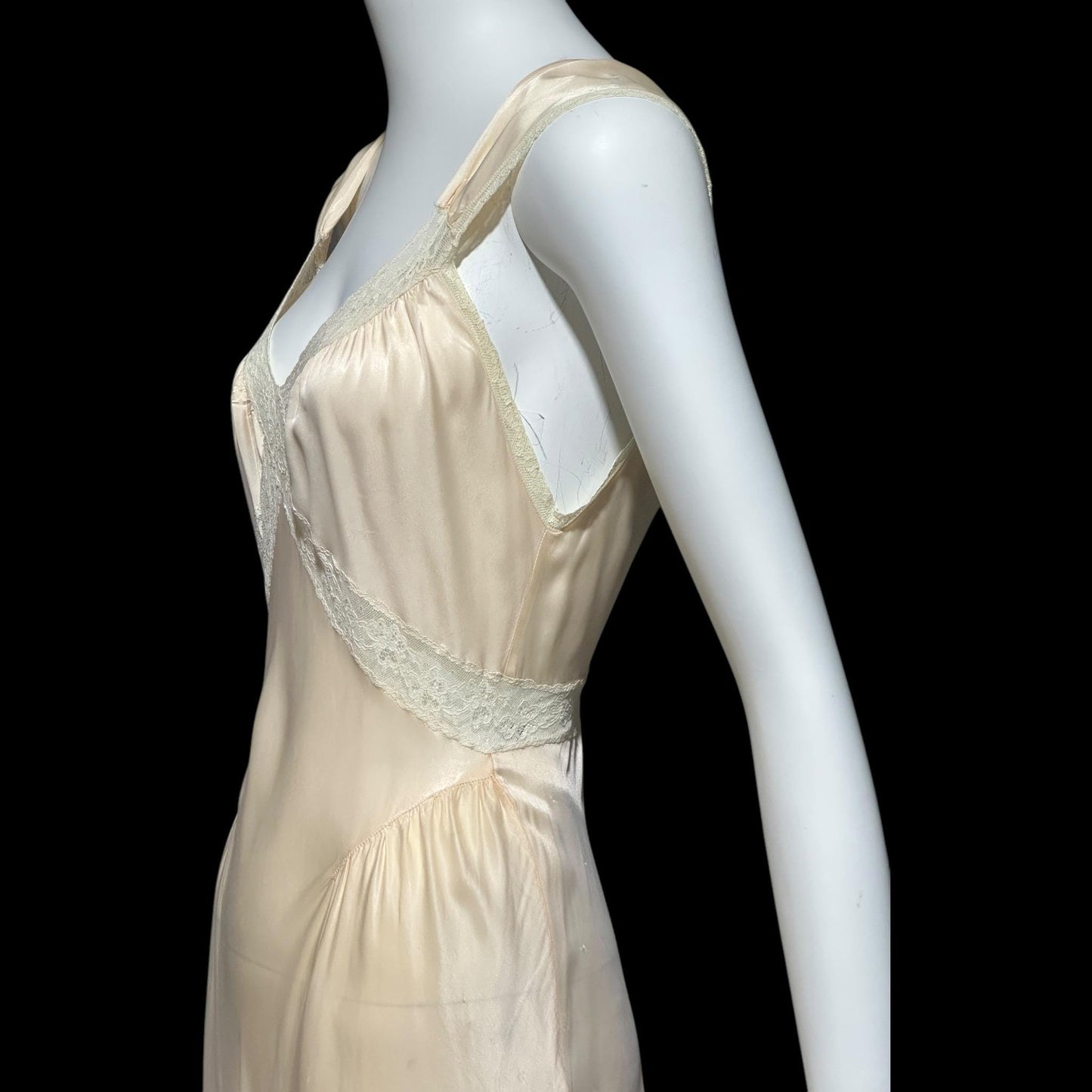 LAROS, vintage 1940s nightgown slip dress, soft peach bias cut Bemberg rayon slip dress