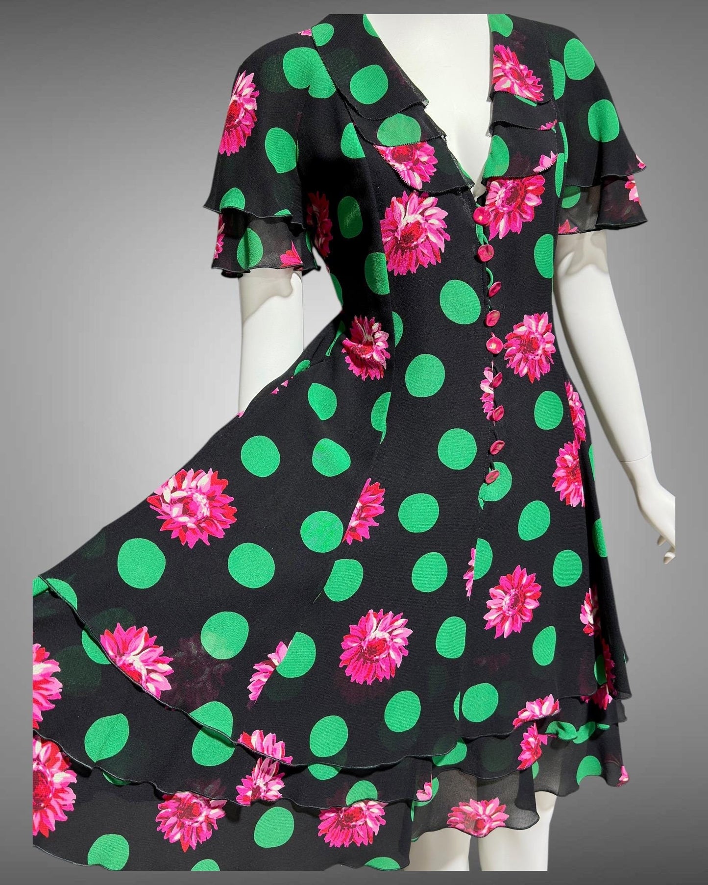 EMANUEL UNGARO 1980s vintage evening dress, polka dots and dahlias, button front flirty tiered ruffle skirt party dress