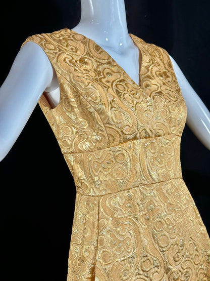 MALCOLM STARR Vintage dress jacket set, 1960s Apricot shiny gold brocade cocktail evening suit ensemble, dress and matching jacket