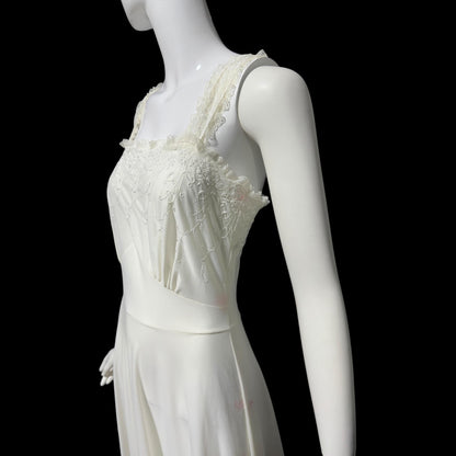 Kickernick, vintage 1940s Nightgown slip dress, white nylon scalloped full sweep night dress, full length